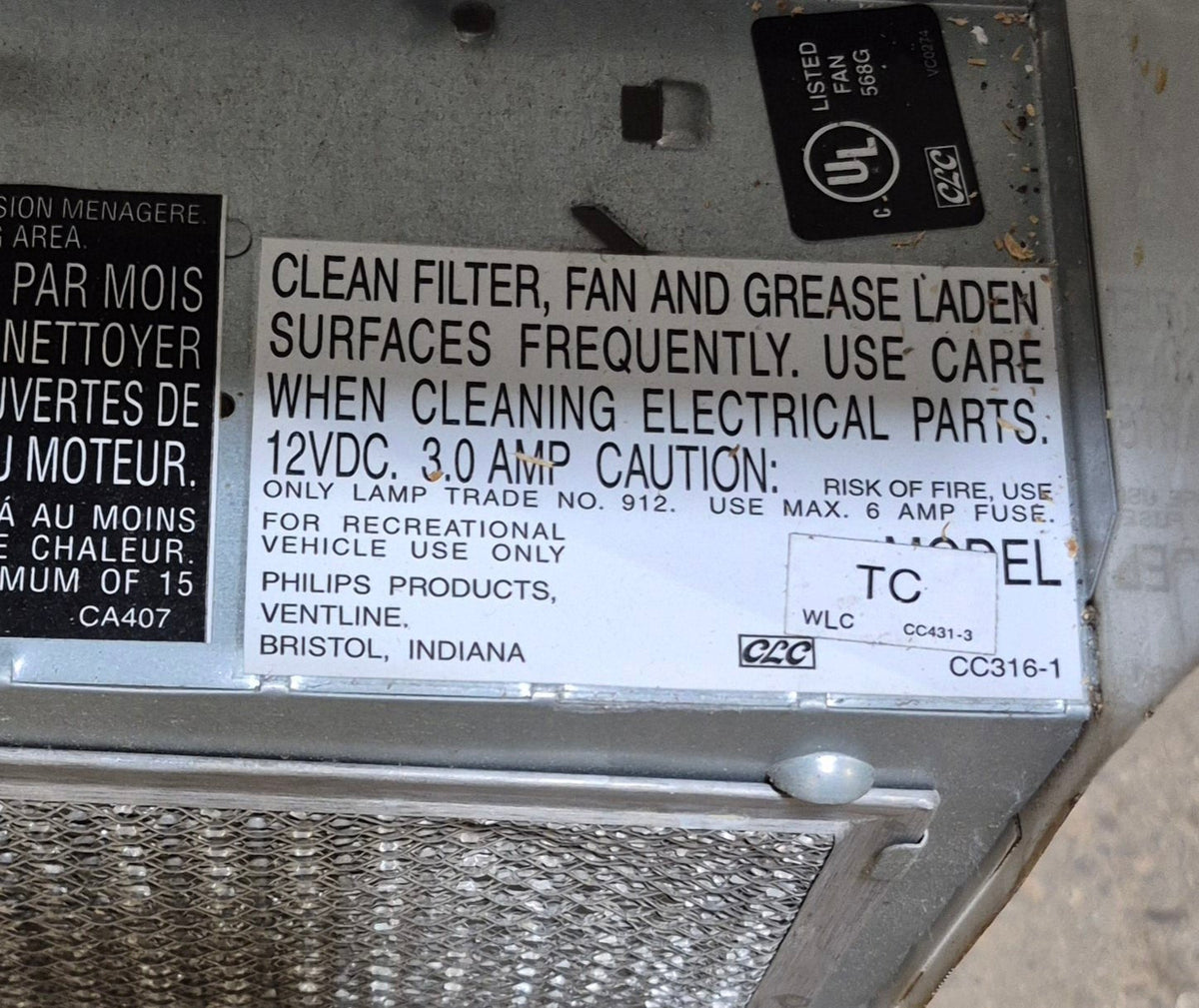 Used Ventline RV Range Hood Fan CC431-3