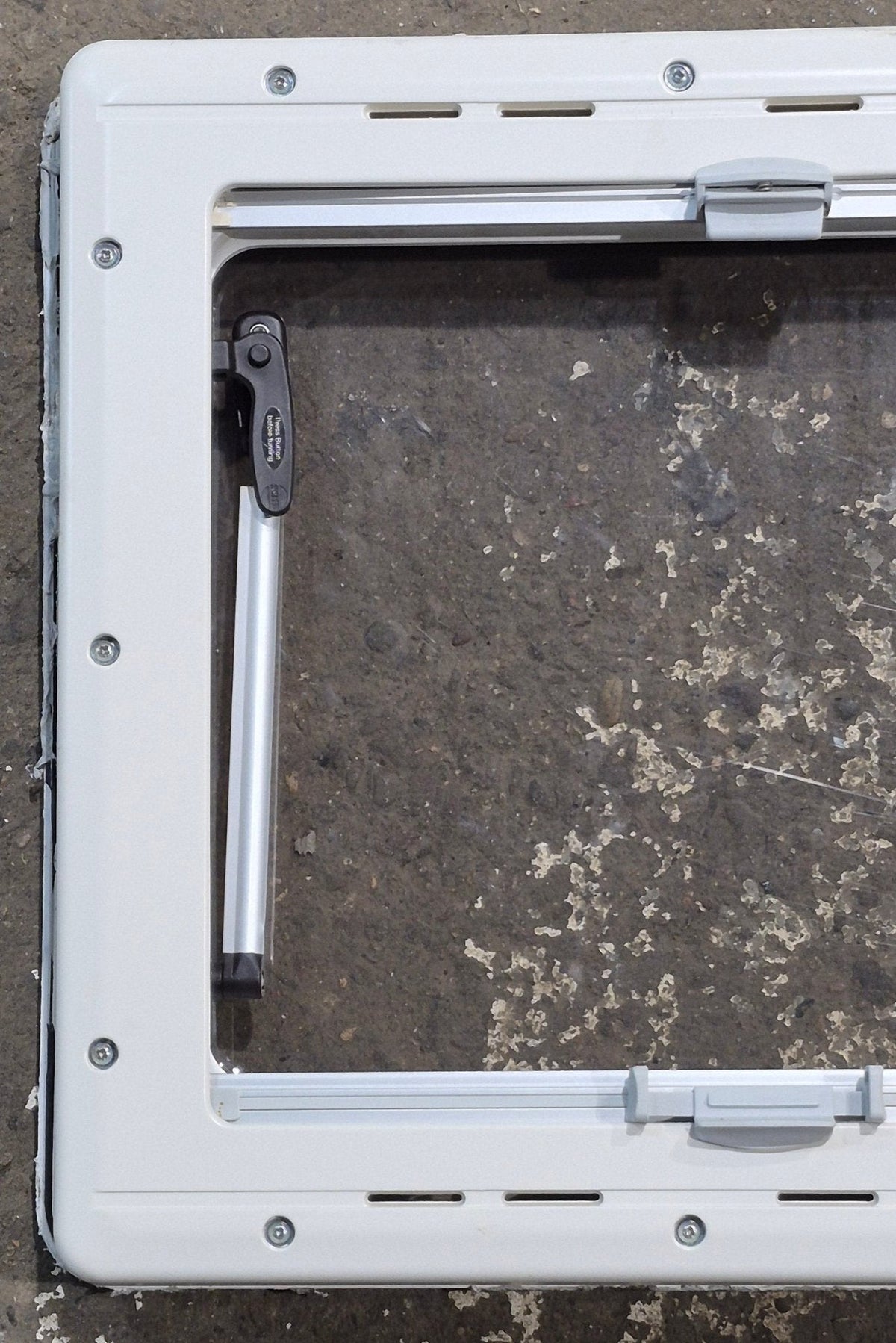 Used White Radius Emergency Opening Window : 18 7/8 W x 16 7/8 H x 1 D