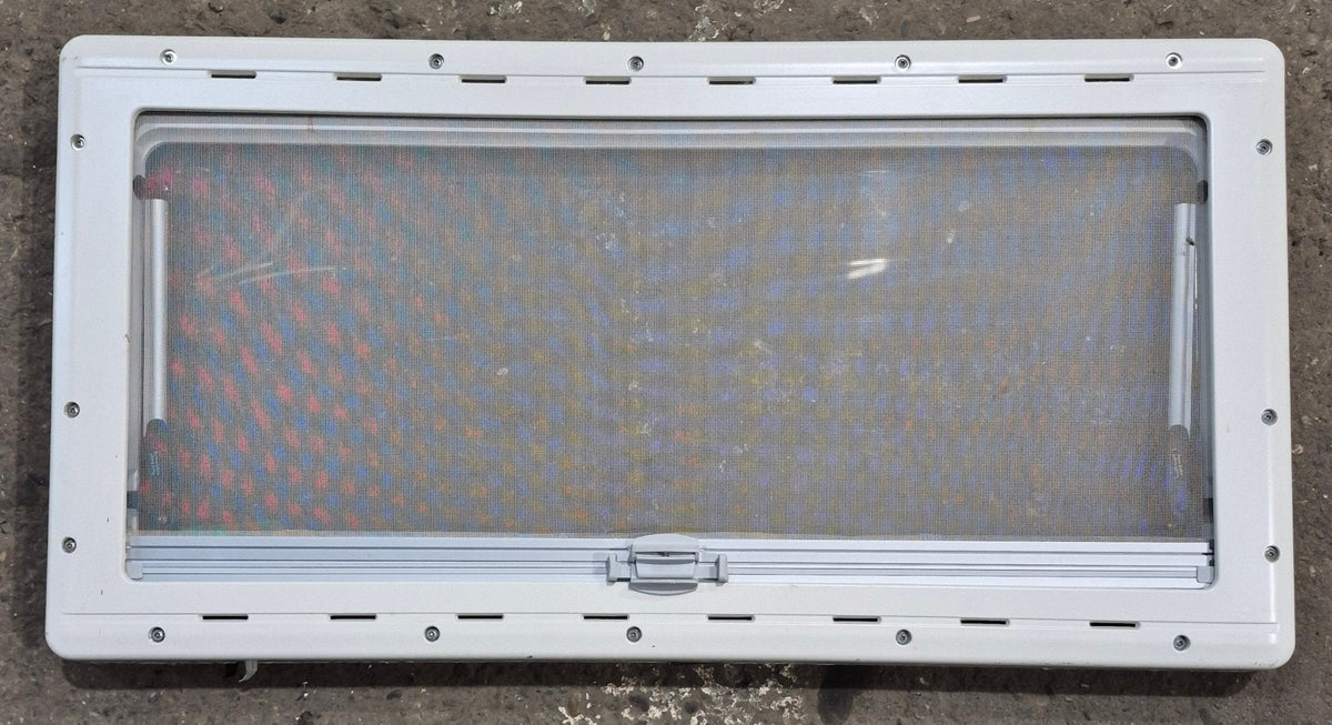 Used White Radius Emergency Opening Window : 34 3/4 W x 16 7/8 H x 1 1/8 D